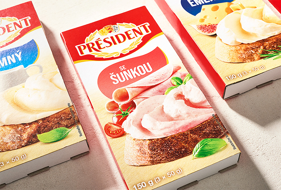 Food-Fotografie und Neugestaltung der Verpackungen für Schmelzkäse der Marke Président.