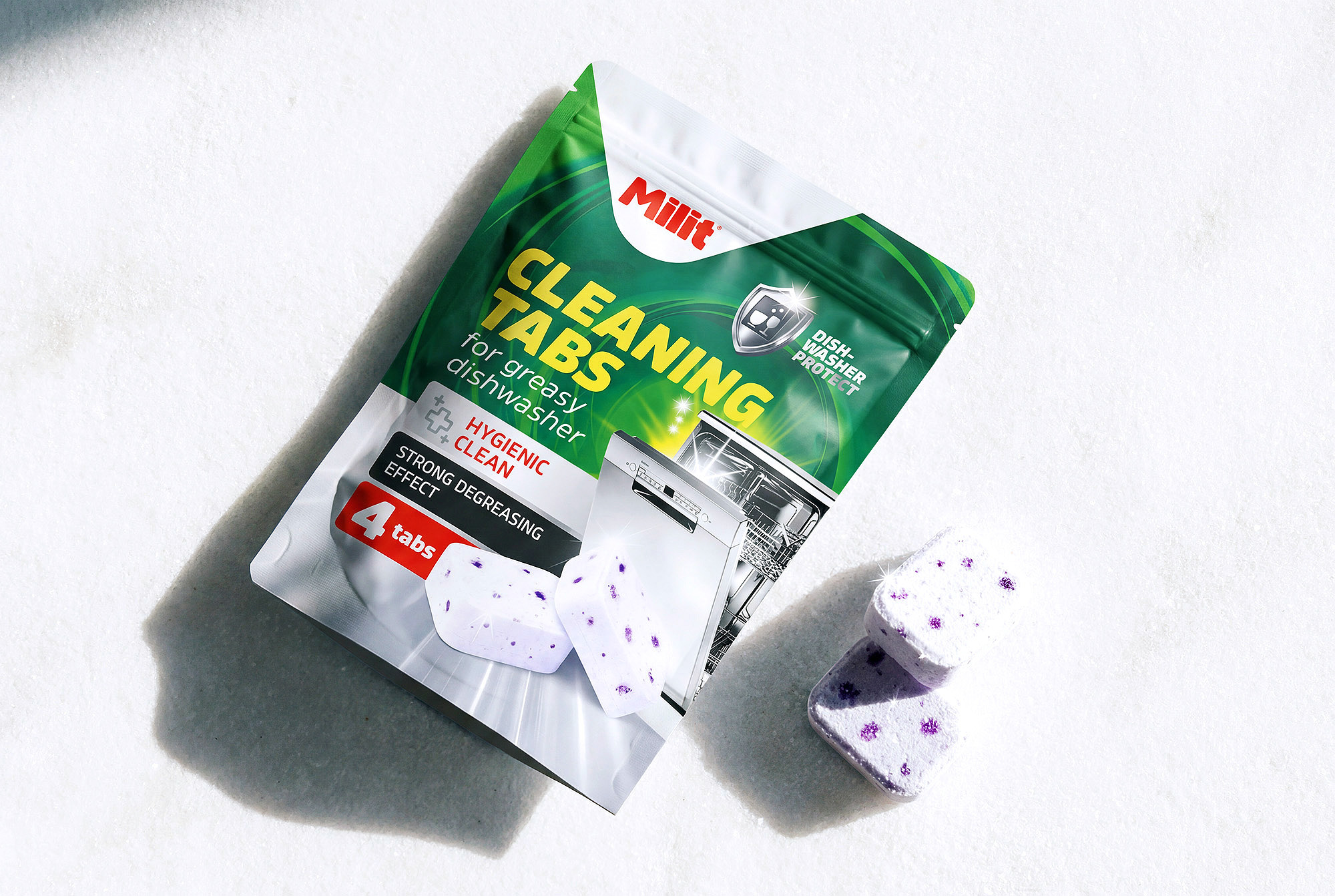 Milit washing machine tablets power salt shine modern packaging