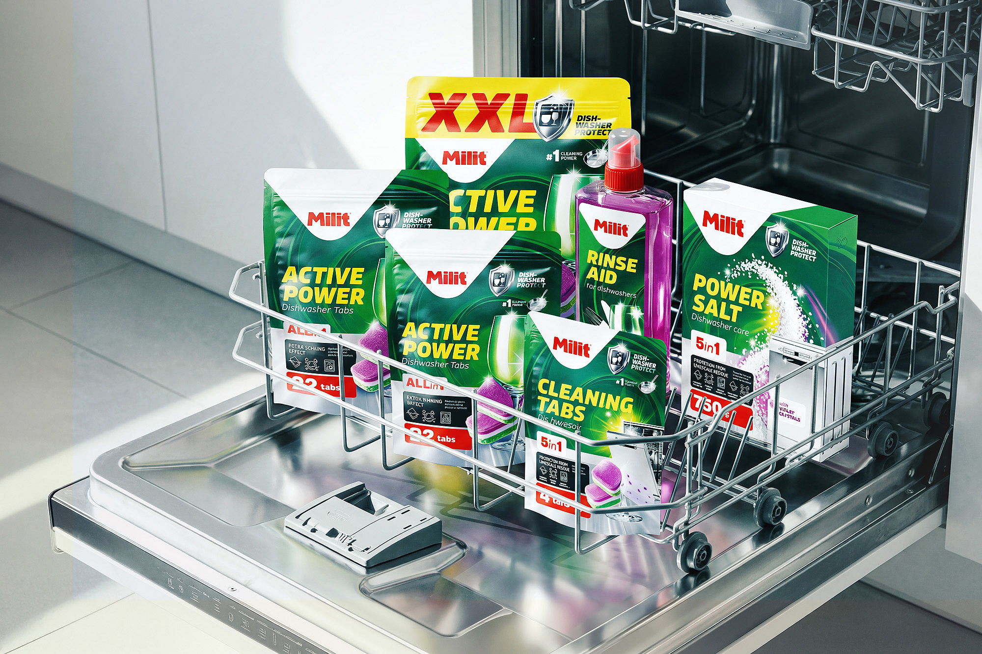 Milit washing machine tablets power salt shine modern packaging